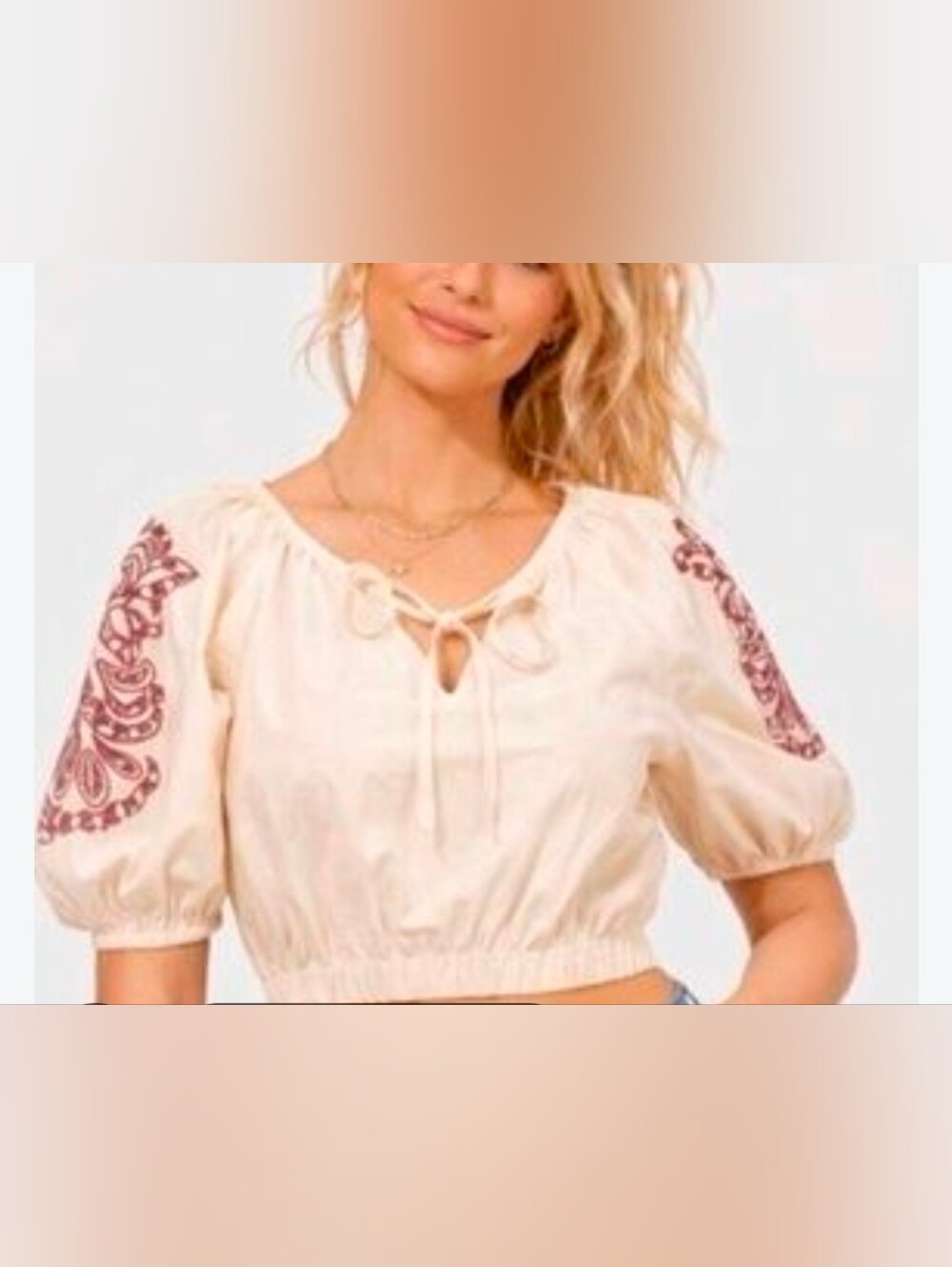Universal Thread cropped peasant blouse burgundy embroidery, puff sleeves L
